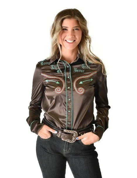 Cowgirl Tuff Womens White Satin Western Brown Nylon L/S Shirt Casual Chic Women's Clothes Casual Chic Women's Clothes