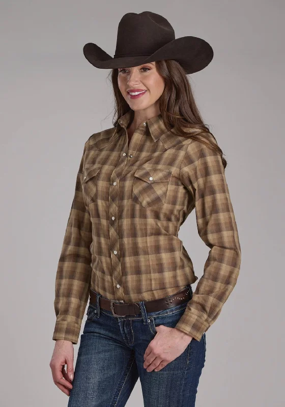 Roper Womens 2129 Ombre Plaid Brown/Tan Cotton Blend L/S Shirt Women Clothing Women Clothing