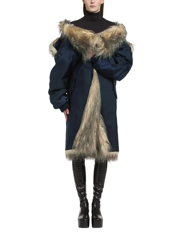 Re-Nylon Faux Fur-Trimmed Coat In Navy Women's Transitional Clothes Women's Transitional Clothes