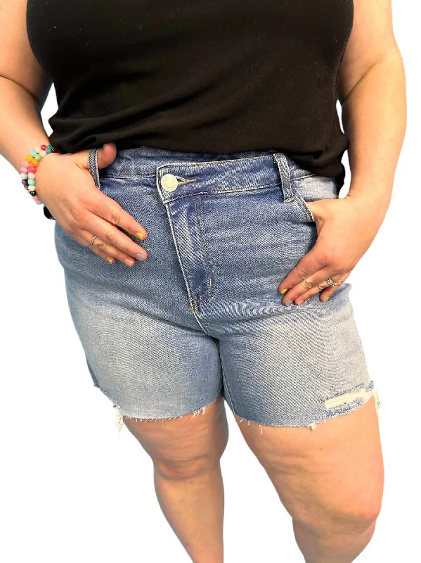 High Rise Criss Cross Shorts In Light/medium Denim Comfortable Women's Clothes Comfortable Women's Clothes