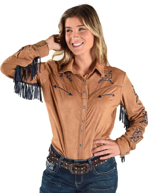 Cowgirl Tuff Womens Blue Fringe Pullover Tan Polyester L/S Shirt Fashion-Forward Women's Clothing Fashion-Forward Women's Clothing