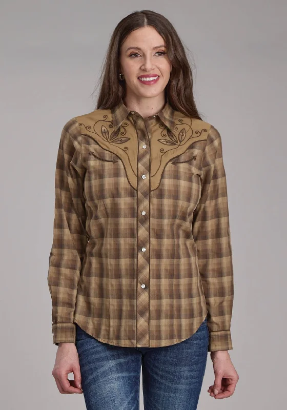 Roper Womens 2129 Ombre Plaid Brown/Tan Cotton Blend L/S Shirt Women's Clothing Brands Women's Clothing Brands