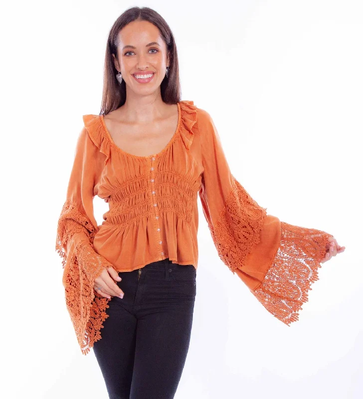 Scully Womens Ruffle Crochet Russet 100% Rayon L/S Blouse Women's Trendy Clothes Women's Trendy Clothes