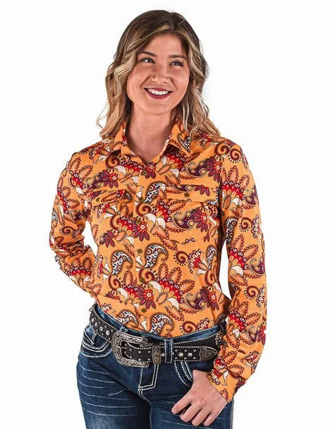 Cowgirl Tuff Womens Paisley Button Up Gold Poly/Spandex L/S Blouse Women's Travel Attire Women's Travel Attire