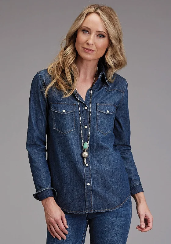 Stetson Womens Western Denim Dark Blue Cotton Blend L/S Blouse Women's Evening Wear Outfit Women's Evening Wear Outfit