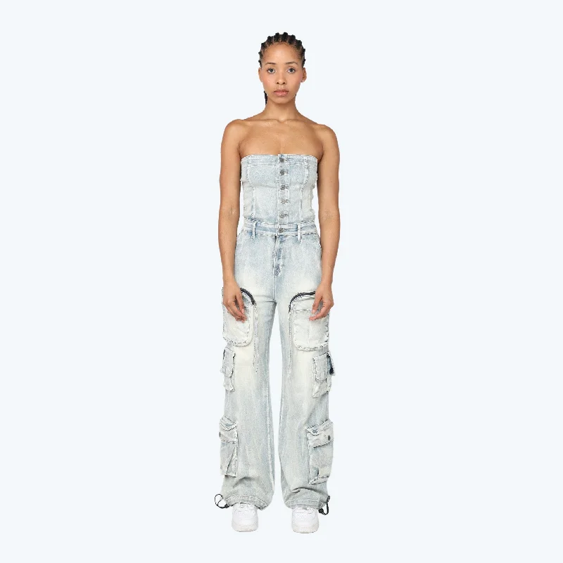 Tube Top Utility Denim Jumpsuit Women's Stylish Professional Apparel Women's Stylish Professional Apparel