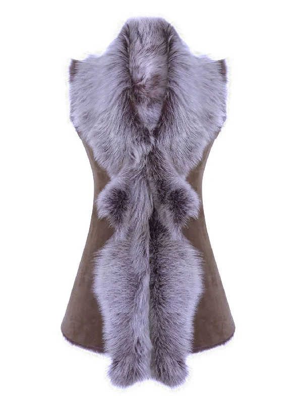 Long Taupe Shearling Sheepskin Waistcoat Women's Elegant Evening Attire Women's Elegant Evening Attire