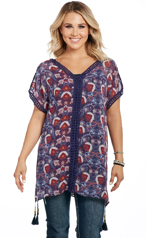 Cowgirl Up Womens Purple Multi Polyester Tassel Kaftan Tunic S/S Women's Outerwear Apparel Women's Outerwear Apparel