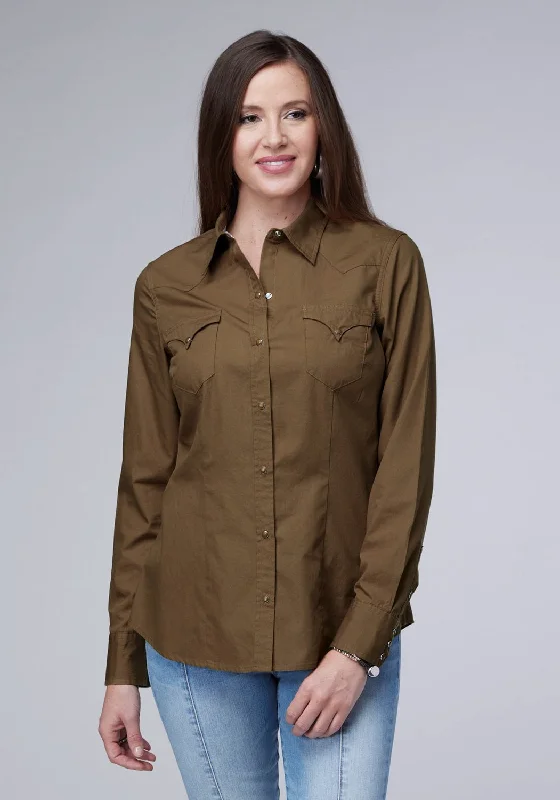 Roper Womens 2044 Solid Poplin Cocoa 100% Cotton L/S Shirt Women's Evening Wear for Special Occasions Women's Evening Wear for Special Occasions