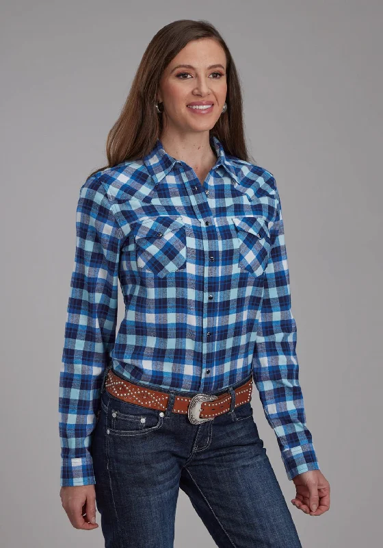 Roper Womens 2206 Unlined Flannel Blue/White 100% Cotton L/S Shirt VIP Member Discount VIP Member Discount