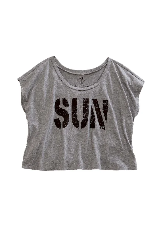 Tin Haul Sun Womens Grey Cotton Blend Crop Top S/S T-Shirt Charming Women's Holiday Apparel Charming Women's Holiday Apparel