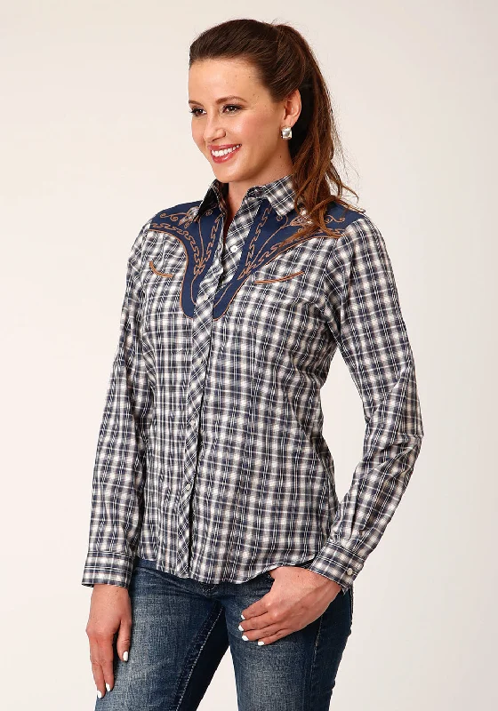 Roper Womens Small Scale Plaid Blue Cotton Blend L/S Shirt Women's Sports Apparel Women's Sports Apparel