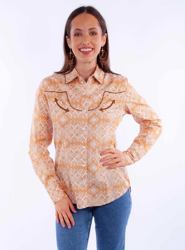 Scully Womens Western Geometric Ginger 100% Cotton L/S Shirt Women's Holiday Clothes Women's Holiday Clothes