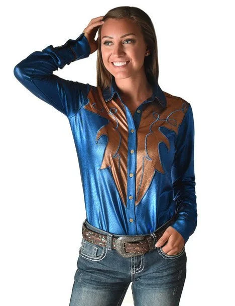 Cowgirl Tuff Womens Western Metallic Blue/Copper Polyester L/S Shirt Women's Timeless Attire Women's Timeless Attire