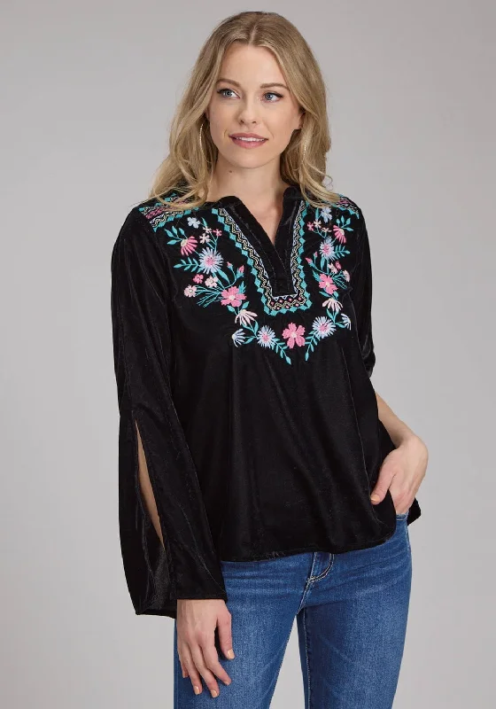 Roper Womens Floral Velvet Black 100% Rayon L/S Blouse Online Boutiques Clothing Online Boutiques Clothing