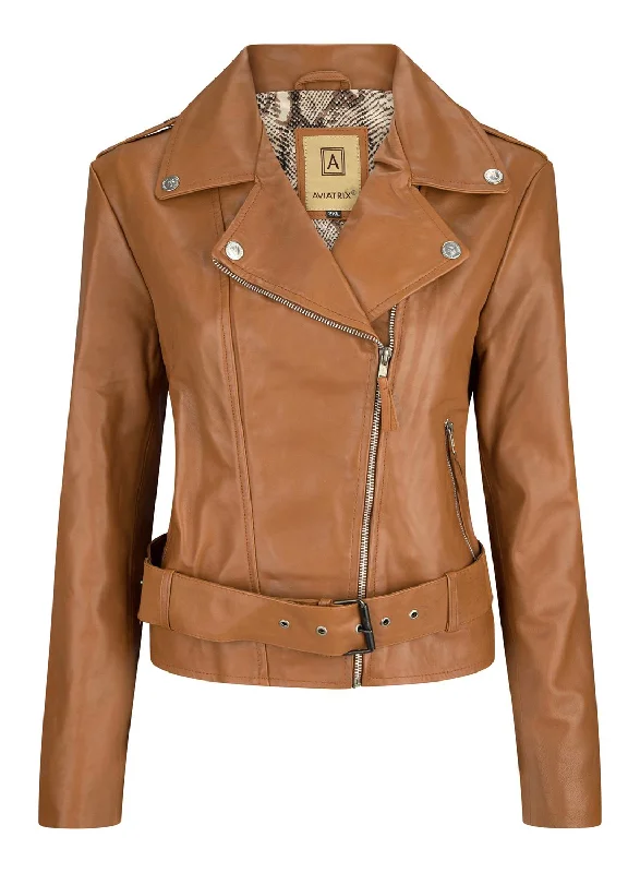 Tan Real Leather Slim Fit Biker Jacket Women's Evening Attire Women's Evening Attire