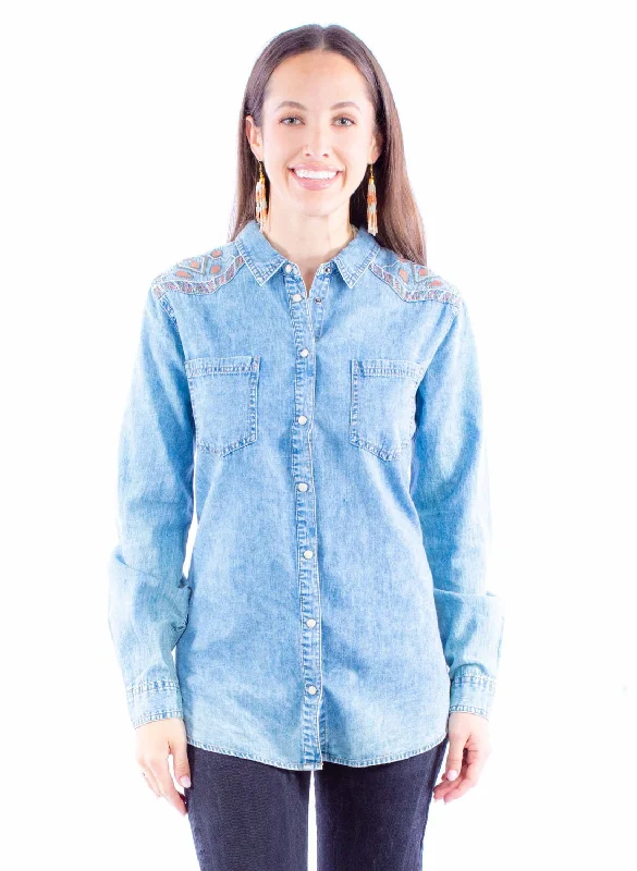 Scully Womens Acid Wash Blue 100% Cotton L/S Shirt Women's Clothing Sets Women's Clothing Sets