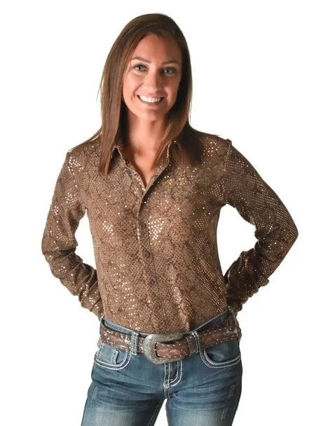 Cowgirl Tuff Womens Metallic Snakeskin Tan Polyester L/S Shirt Women's Plus-Size Attire Women's Plus-Size Attire