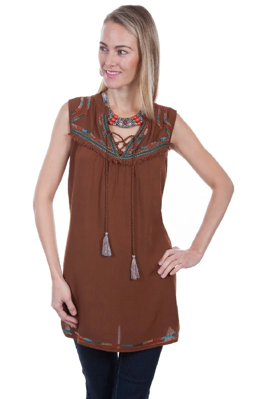 Scully Womens Cinnamon Viscose Embroidered S/L Tunic Women's Versatile Apparel Women's Versatile Apparel