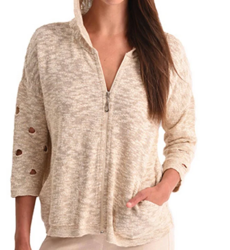 Crochet Cut Out Hooded Zip Cardigan In Sand Timeless Women's Garments Timeless Women's Garments