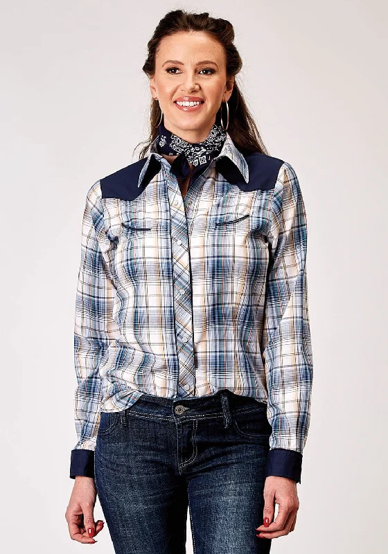 Roper Womens 1971 Madras Plaid Blue Cotton Blend Retro L/S Shirt Women's Chic Outerwear Outfit Women's Chic Outerwear Outfit