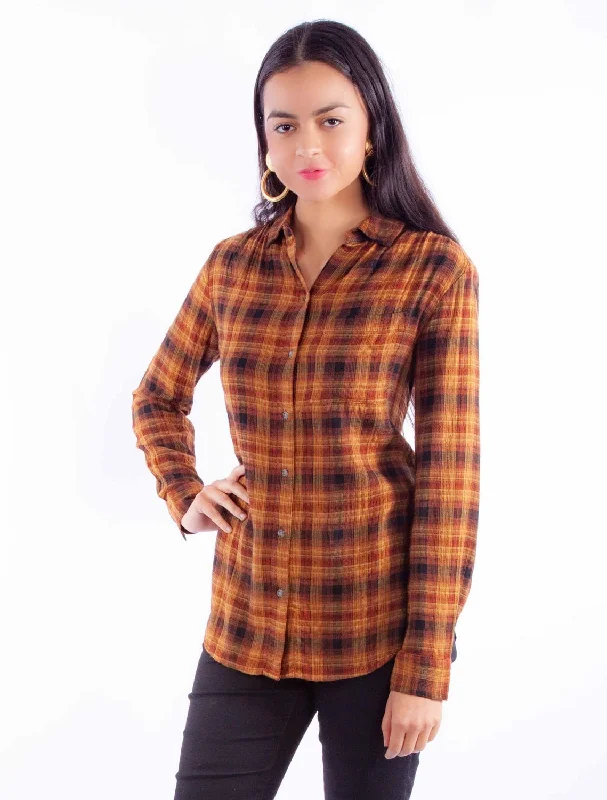 Scully Womens Seersucker Plaid Autumn Rayon Blend L/S Blouse Women's Evening Clothes Women's Evening Clothes