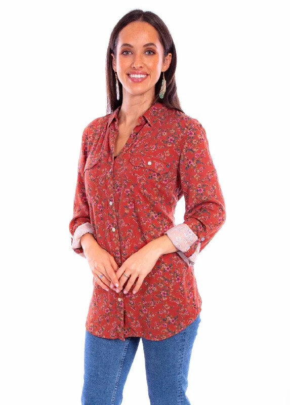 Scully Womens Ditsy Floral Rust 100% Rayon L/S Shirt Stylish Clothes For Women Stylish Clothes For Women