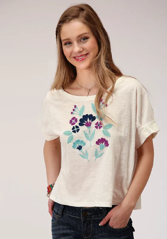 Roper Womens Cream 100% Cotton Purple Floral S/S T-Shirt Women's Clothes And Garments Women's Clothes And Garments