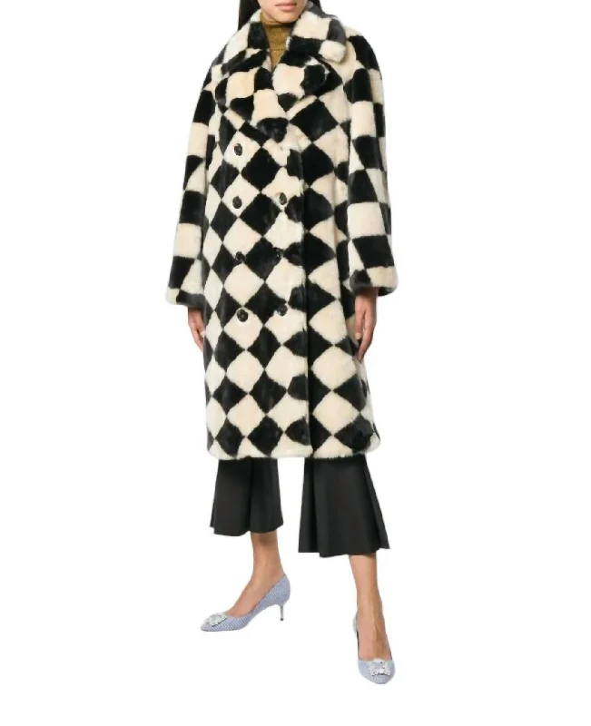 Diamond Check Faux Fur Coat In Black/cream Women's Clothing for All Occasions Women's Clothing for All Occasions