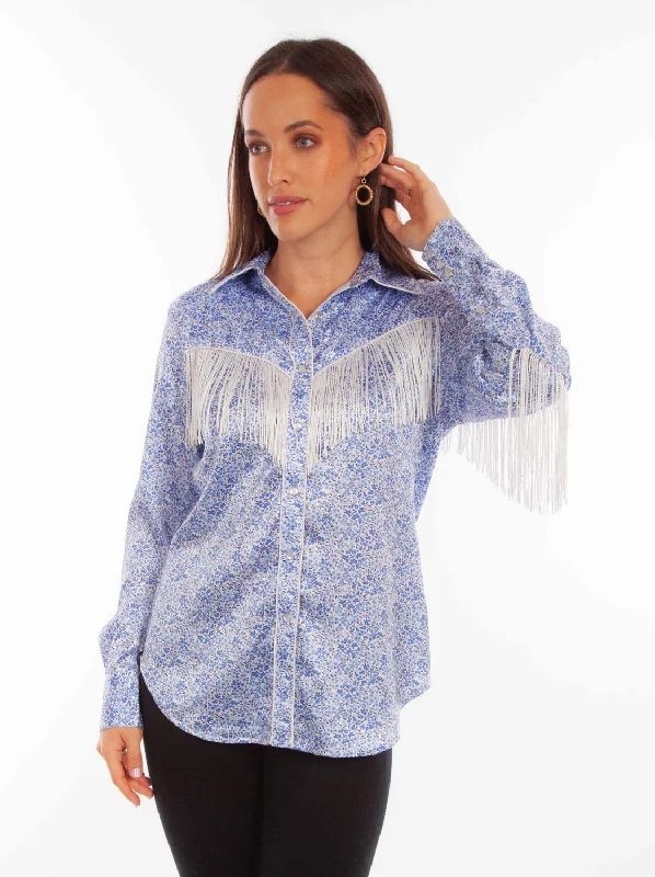 Scully Womens Rodeo Fringe Blue 100% Polyester L/S Blouse Classic Women's Clothing Styles Classic Women's Clothing Styles