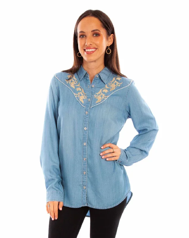 Scully Womens Tan Embroidery Blue 100% Tencel L/S Shirt Comfortable Women's Clothes Comfortable Women's Clothes