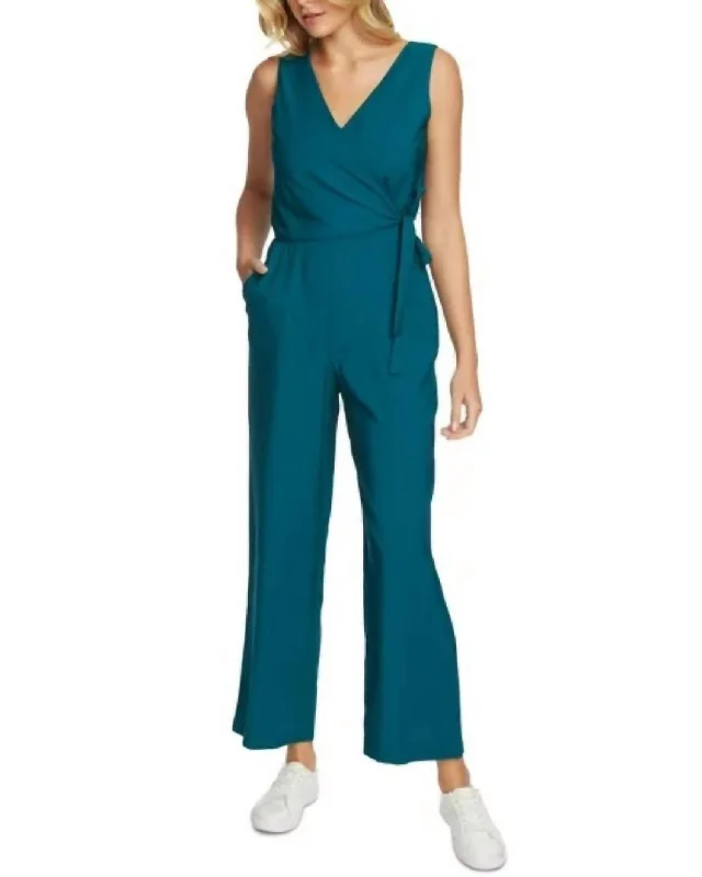 Sleeveless Vneck Wrap Cropped Jumpsuit In Blue Green Women's Activewear Attire Women's Activewear Attire