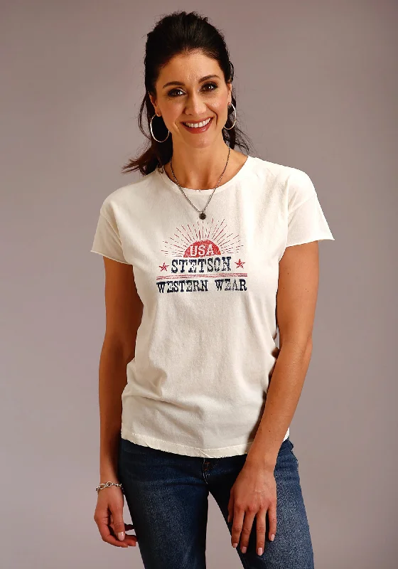 Stetson Womens White 100% Cotton USA Western Wear S/S T-Shirt Women's Clothes And Apparel Women's Clothes And Apparel