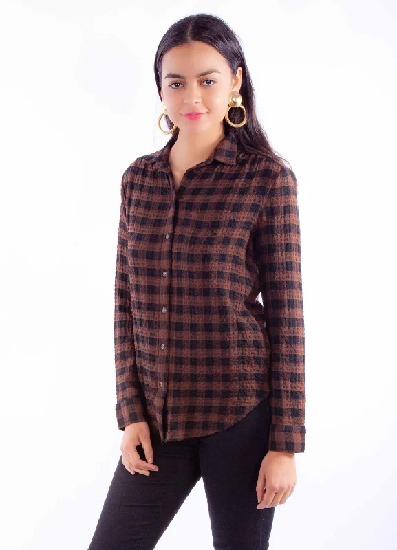 Scully Womens Plaid Button Up Brown Rayon Blend L/S Blouse Women's Clothes For Work Women's Clothes For Work