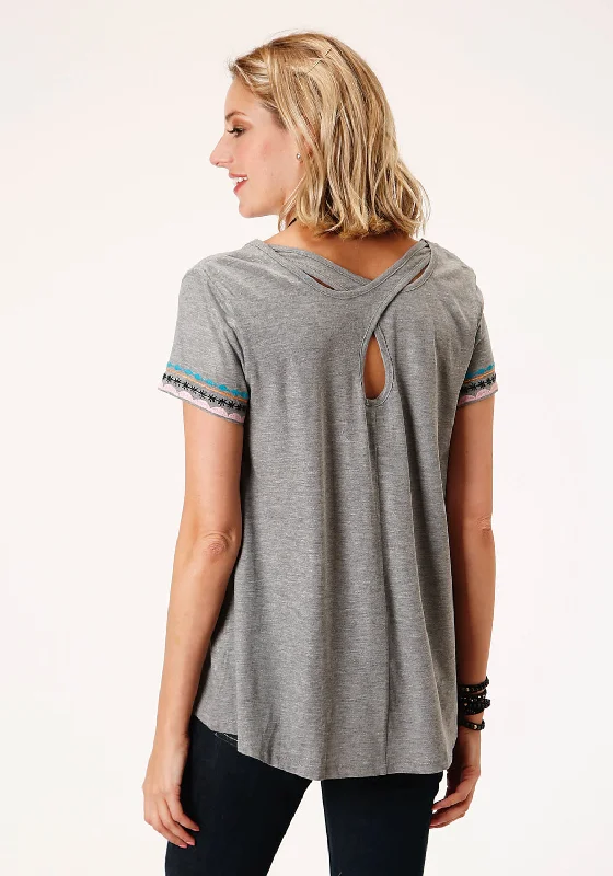 Roper Womens Grey 100% Cotton Geometric Embroidery S/S T-Shirt Women's High-Fashion Attire Women's High-Fashion Attire